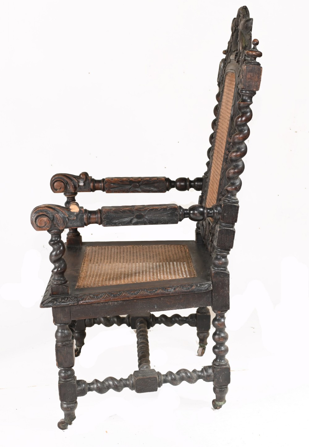 Pair Carved Oak Arm Chairs Farmhouse Gothic Barley Twist 1880 View III