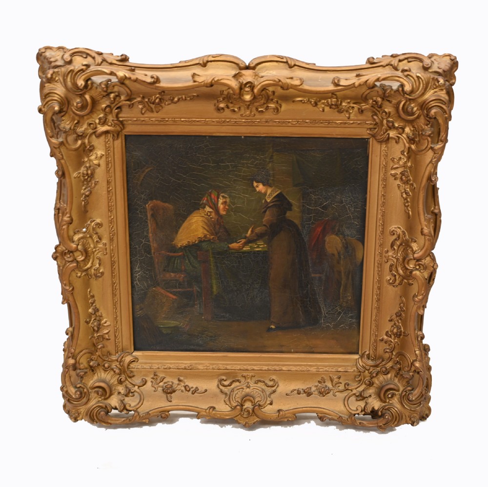 Victorian Oil Painting Gypsy Fortune Teller Antique 1860