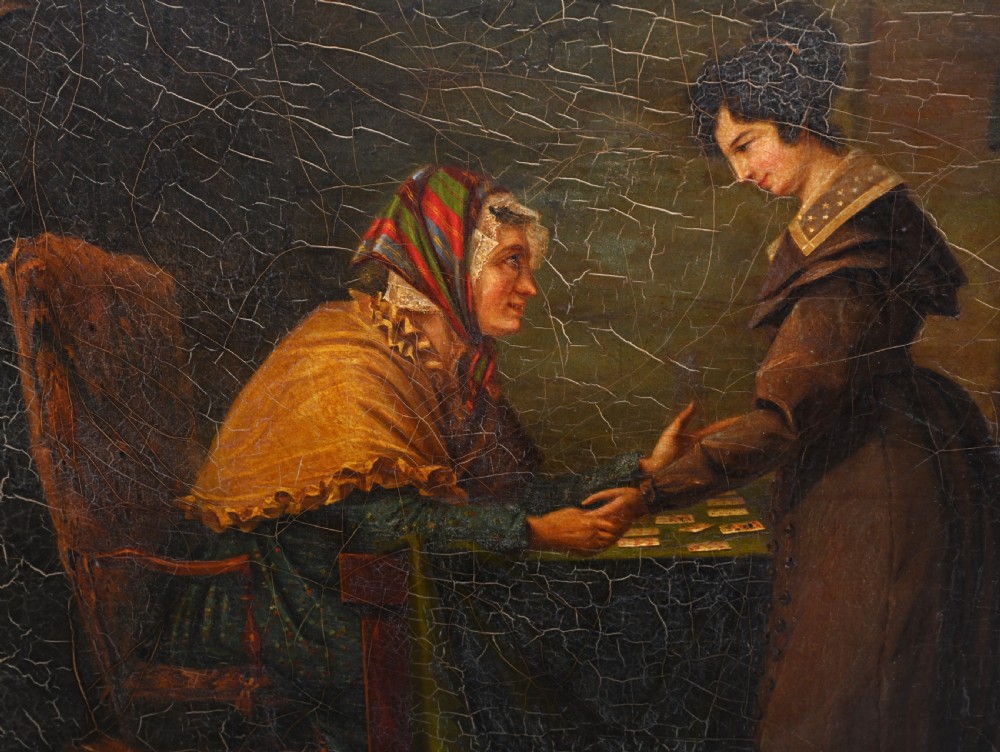 Victorian Oil Painting Gypsy Fortune Teller Antique 1860 View VIII