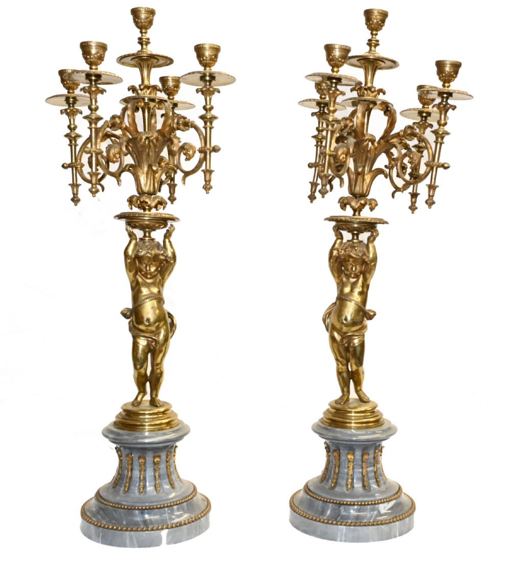 Pair Antique Cherub Candelabras French Ormolu 1885
