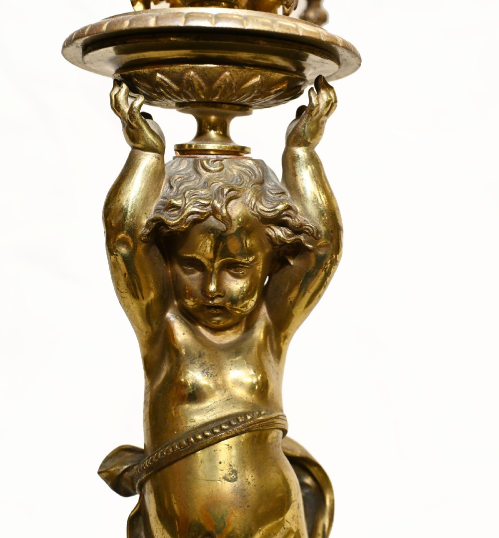 Pair Antique Cherub Candelabras French Ormolu 1885 View II