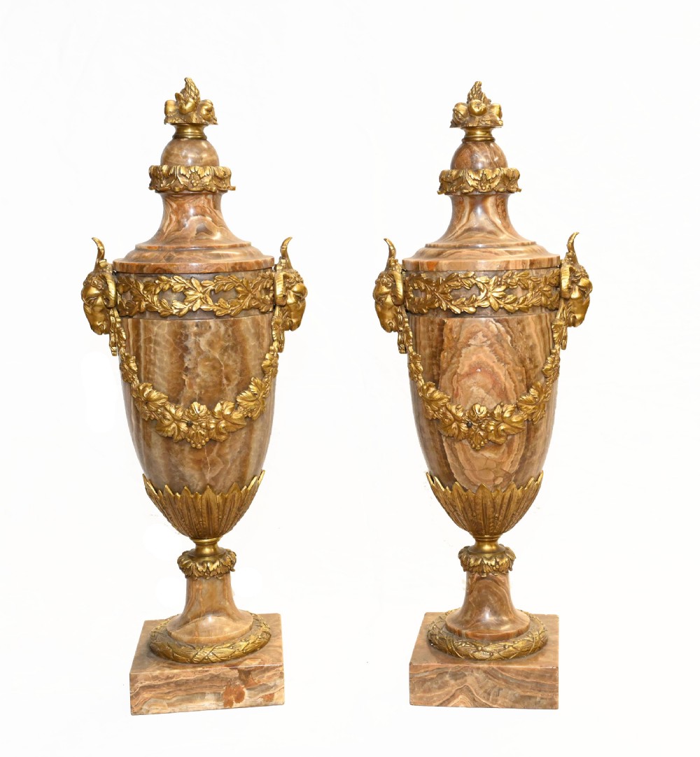 Pair Cassolettes Urns French Antique Marble Ormolu Vases 1885 View II