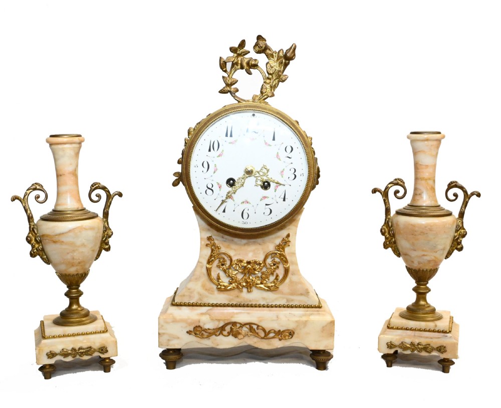 French Mantle Clock Set Garniture Marble 1880