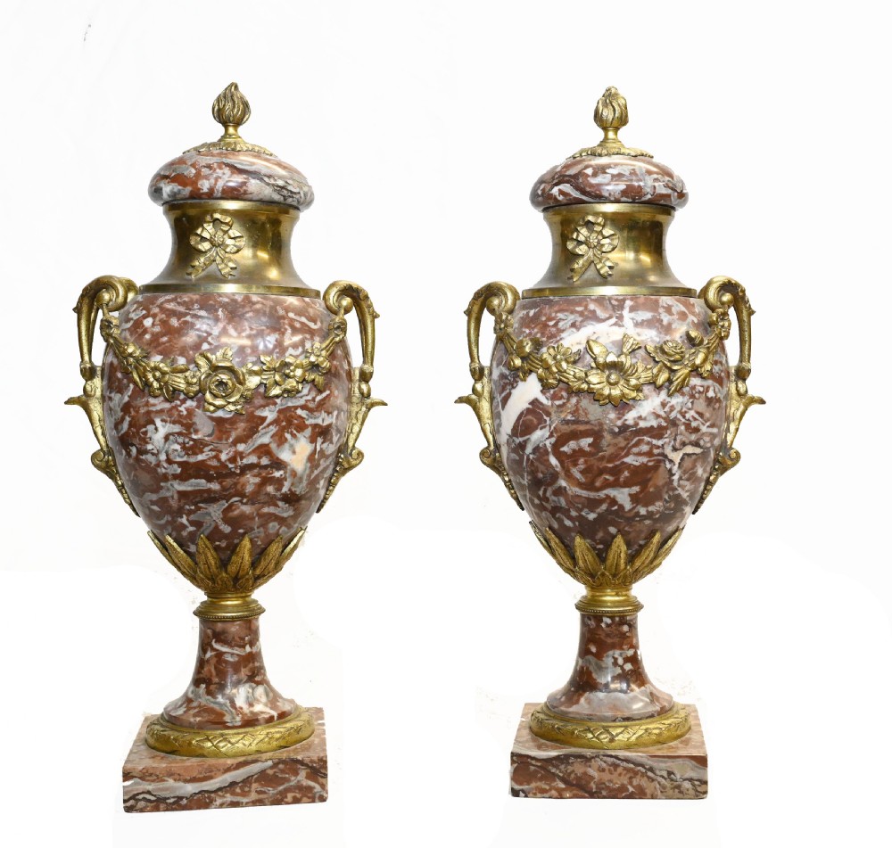 Pair Marble Cassolettes Antique French Marble Urns 1890