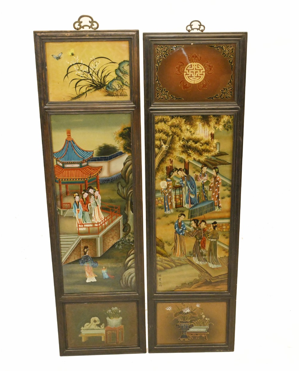Pair Japanese Screens Wall Plaques Painted Enamel 1920