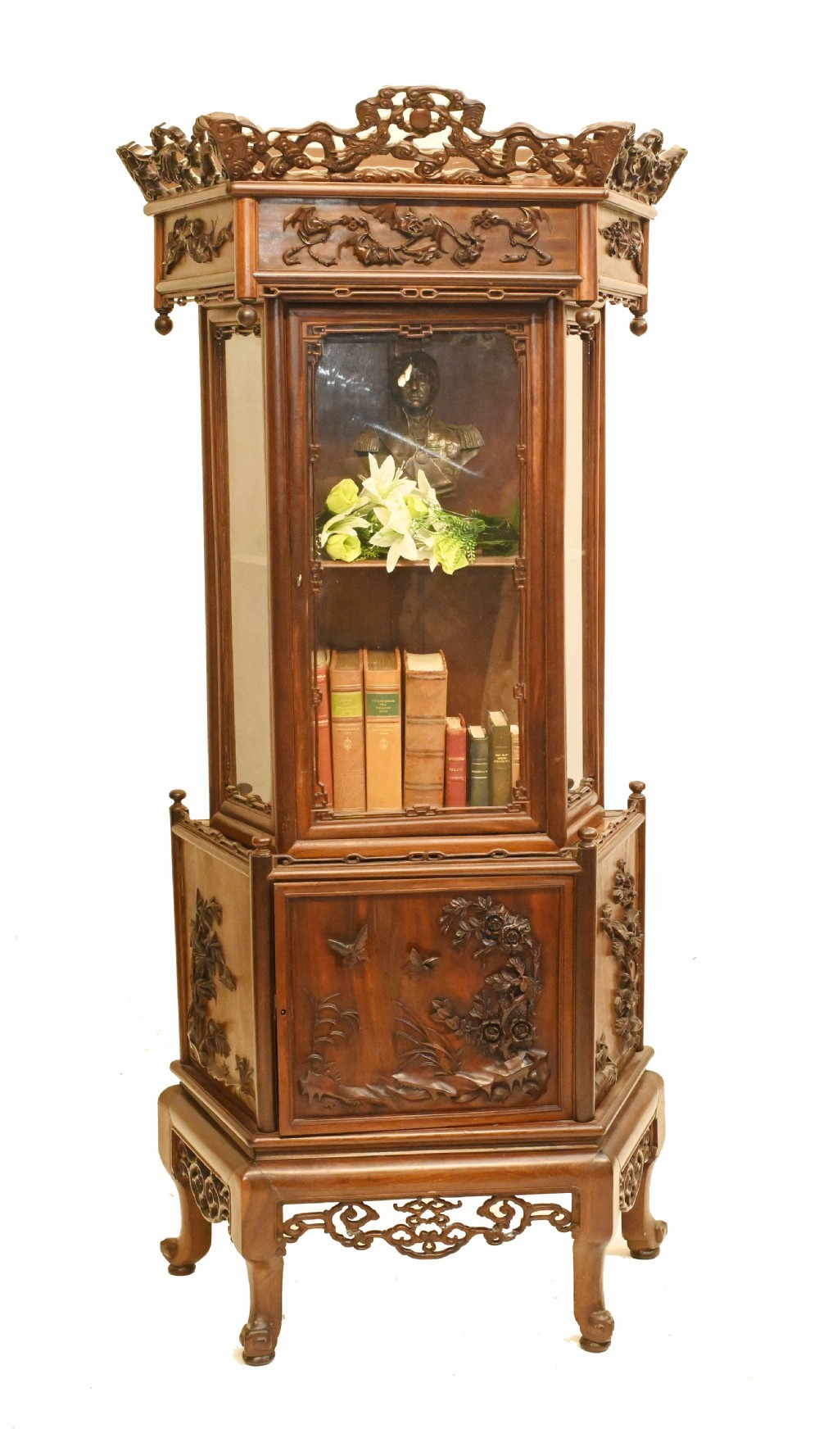 Antique Chinese Cabinet Bookcase Padouk Hand Carved Display Relief Carving 1890