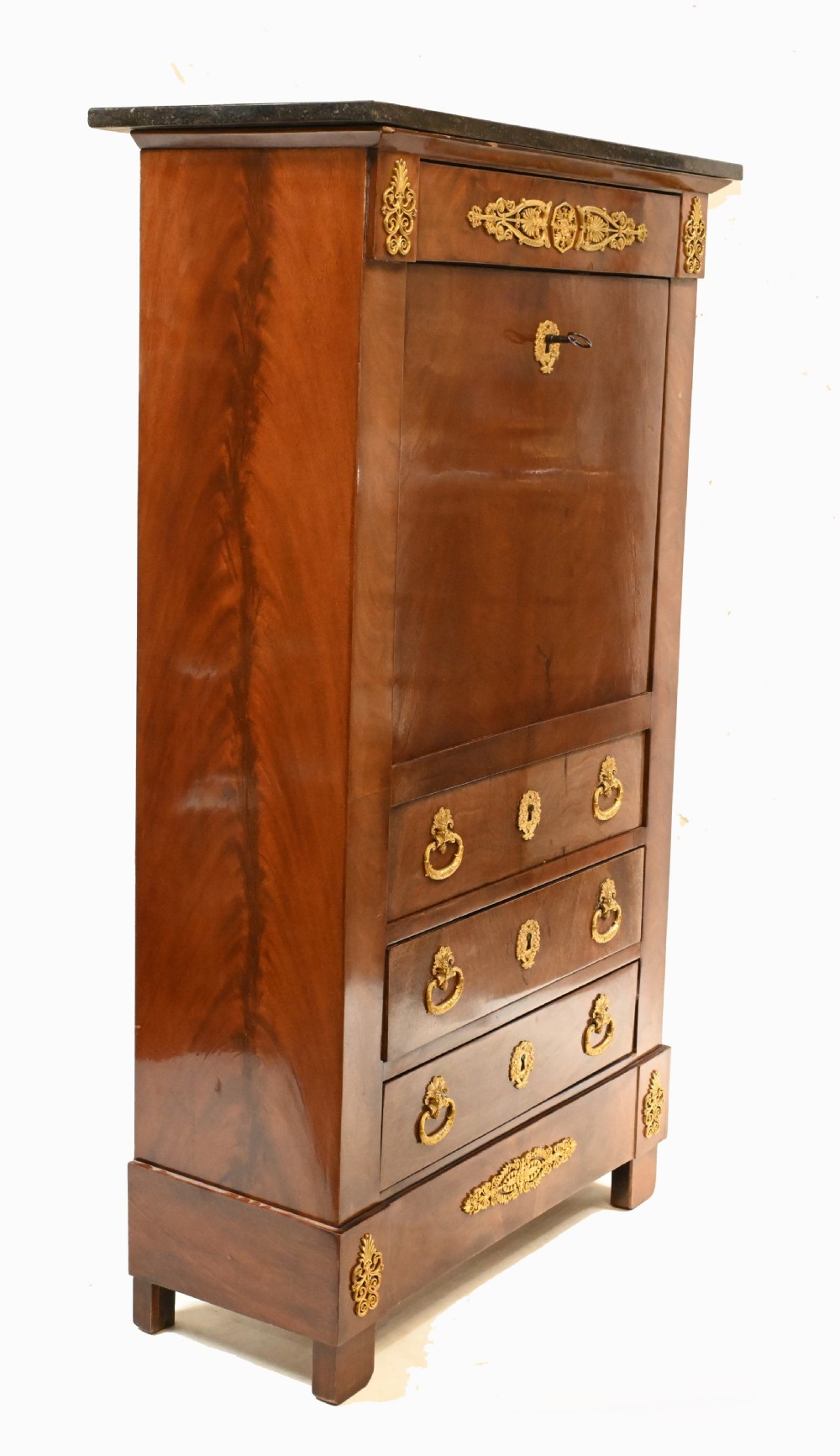 A late 19th-century French Empire mahogany escritoire desk featuring a dark marble top, drop-front writing compartment, three lower drawers, and ornamental gilt-bronze mounts. View IX