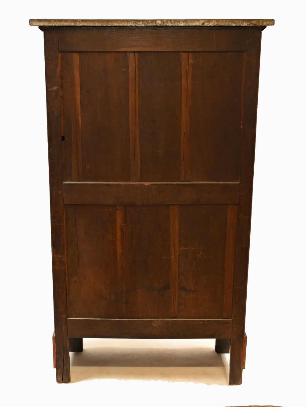 A late 19th-century French Empire mahogany escritoire desk featuring a dark marble top, drop-front writing compartment, three lower drawers, and ornamental gilt-bronze mounts. View XVI