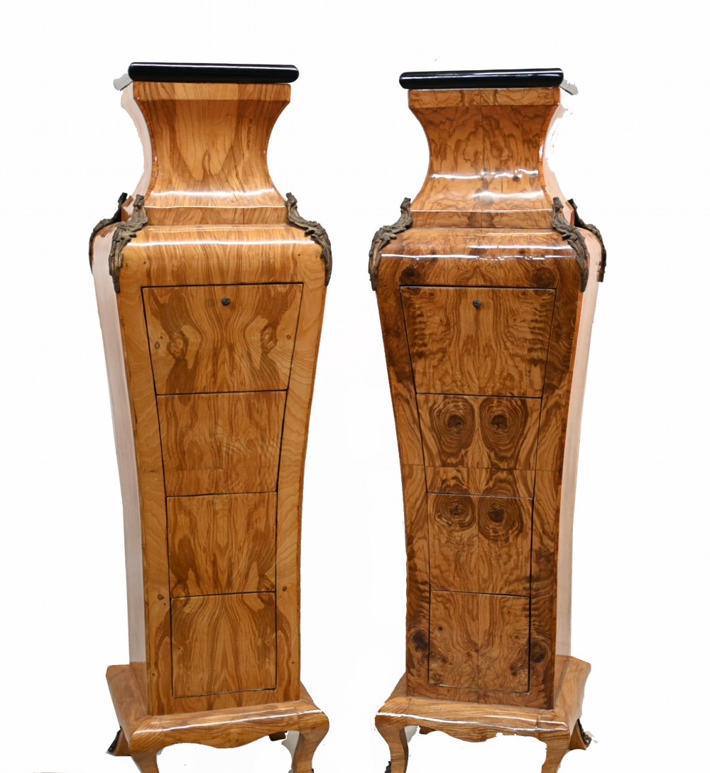 Pair French Cartonnier Pedestal Stands Burr Walnut Empire