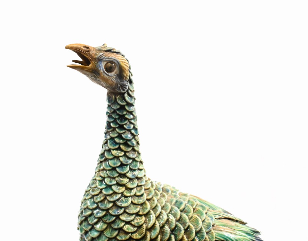 English Majolica Peacock Statue Pottery Antique 1920 View II