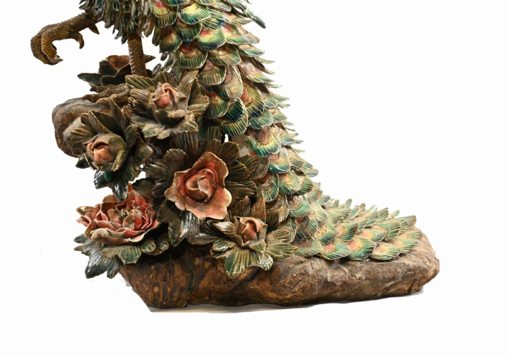 English Majolica Peacock Statue Pottery Antique 1920 View III