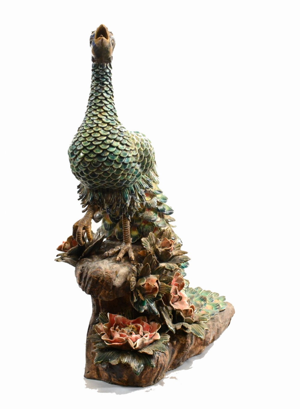 English Majolica Peacock Statue Pottery Antique 1920 View IV