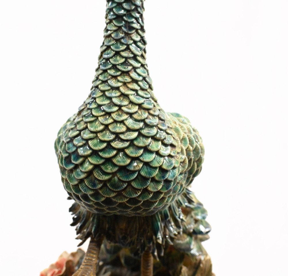English Majolica Peacock Statue Pottery Antique 1920 View V