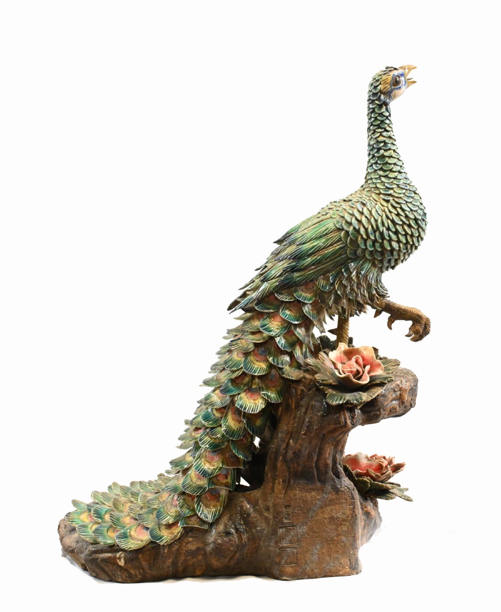 English Majolica Peacock Statue Pottery Antique 1920 View VI