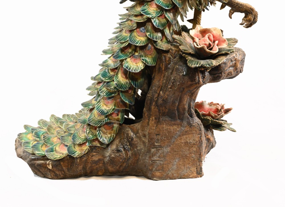 English Majolica Peacock Statue Pottery Antique 1920 View VII