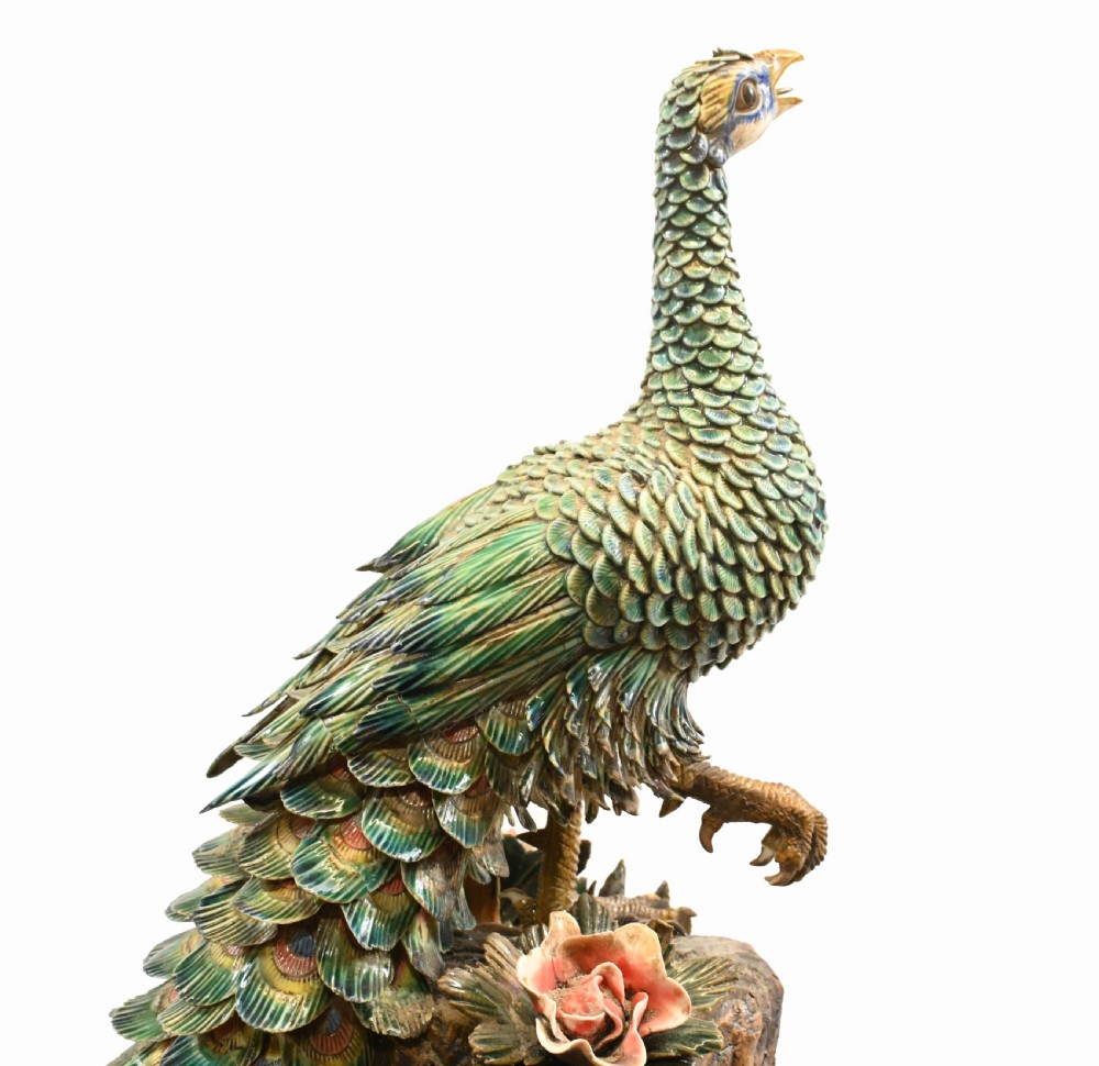 English Majolica Peacock Statue Pottery Antique 1920 View VIII