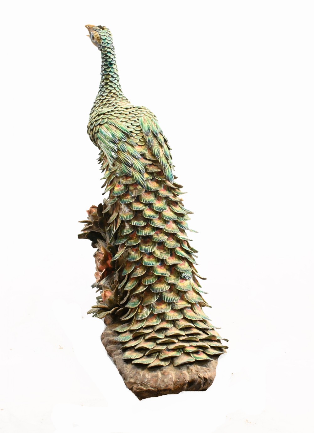 English Majolica Peacock Statue Pottery Antique 1920 View IX