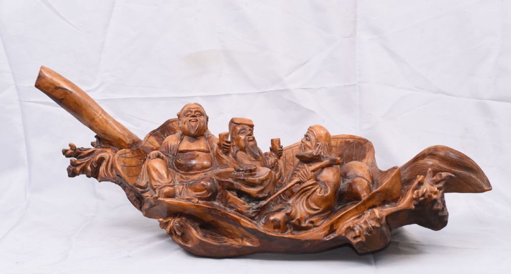 Carved Chinese Wise Men Statue Circa 1900 - Hardwood Boat Figurine