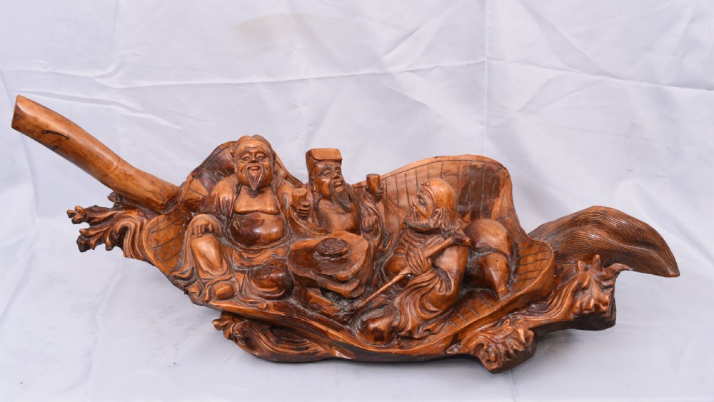 Carved Chinese Wise Men Statue Circa 1900 - Hardwood Boat Figurine View II