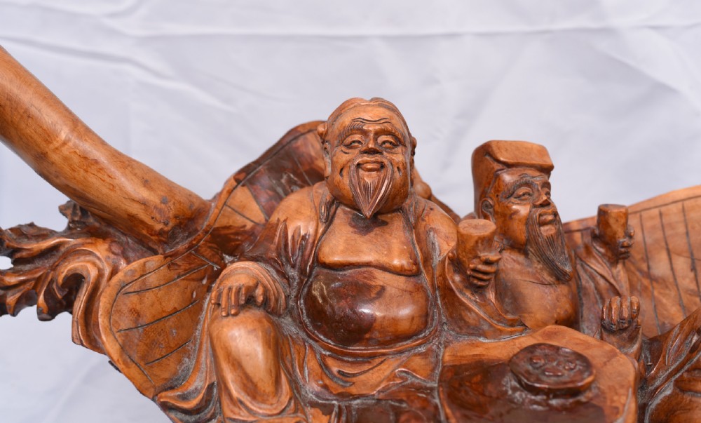 Carved Chinese Wise Men Statue Circa 1900 - Hardwood Boat Figurine View III