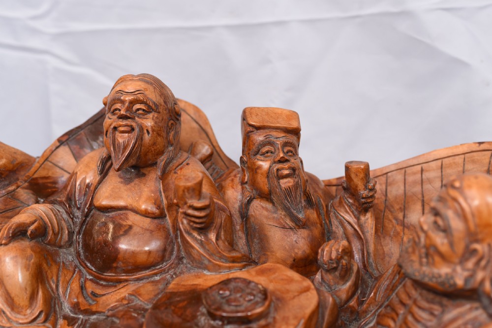Carved Chinese Wise Men Statue Circa 1900 - Hardwood Boat Figurine View IV
