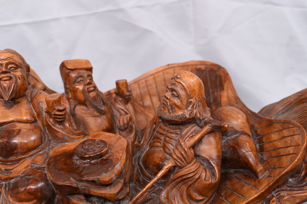 Carved Chinese Wise Men Statue Circa 1900 - Hardwood Boat Figurine View V