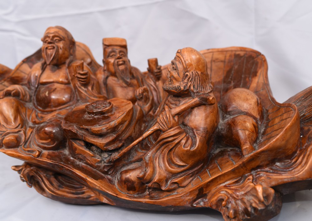 Carved Chinese Wise Men Statue Circa 1900 - Hardwood Boat Figurine View VI