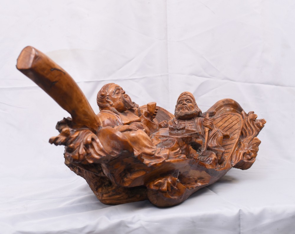 Carved Chinese Wise Men Statue Circa 1900 - Hardwood Boat Figurine View VII