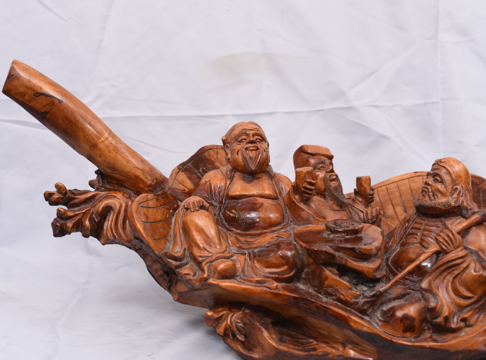 Carved Chinese Wise Men Statue Circa 1900 - Hardwood Boat Figurine View VIII