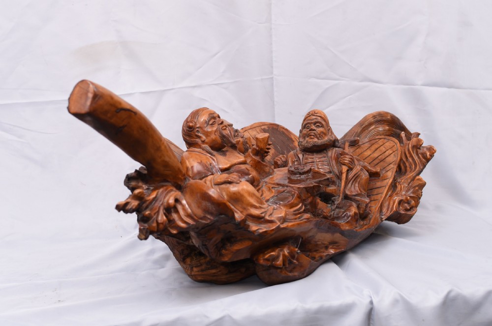 Carved Chinese Wise Men Statue Circa 1900 - Hardwood Boat Figurine View X
