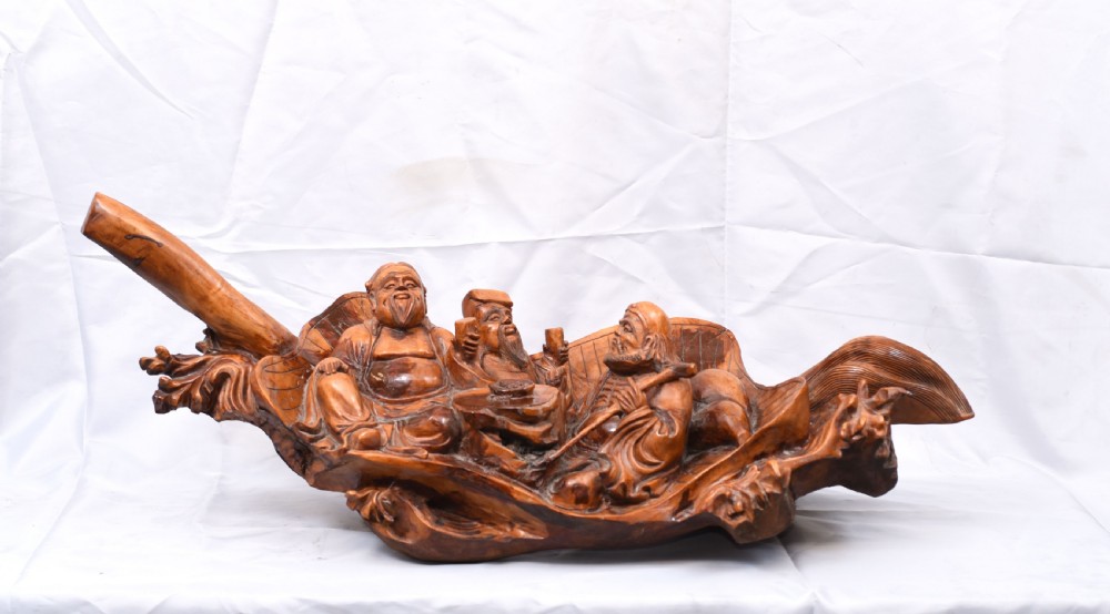Carved Chinese Wise Men Statue Circa 1900 - Hardwood Boat Figurine View XI