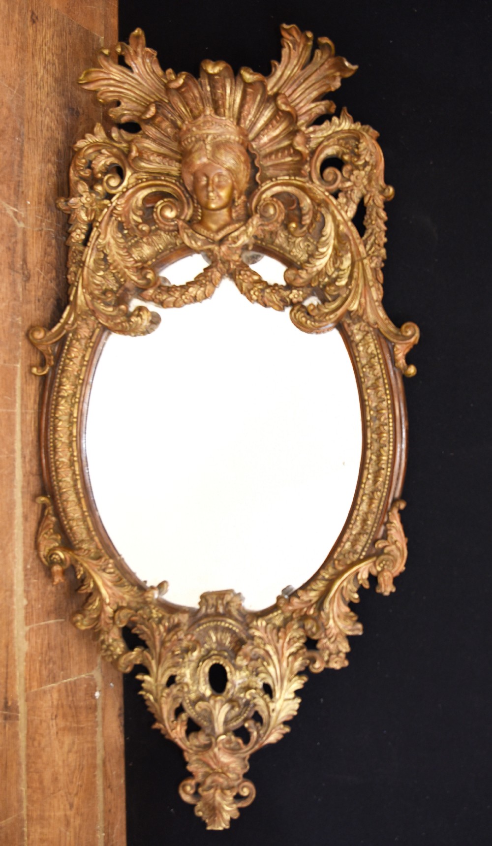 French Rococo Mirror Oval Maidens Head Gilt Frame
