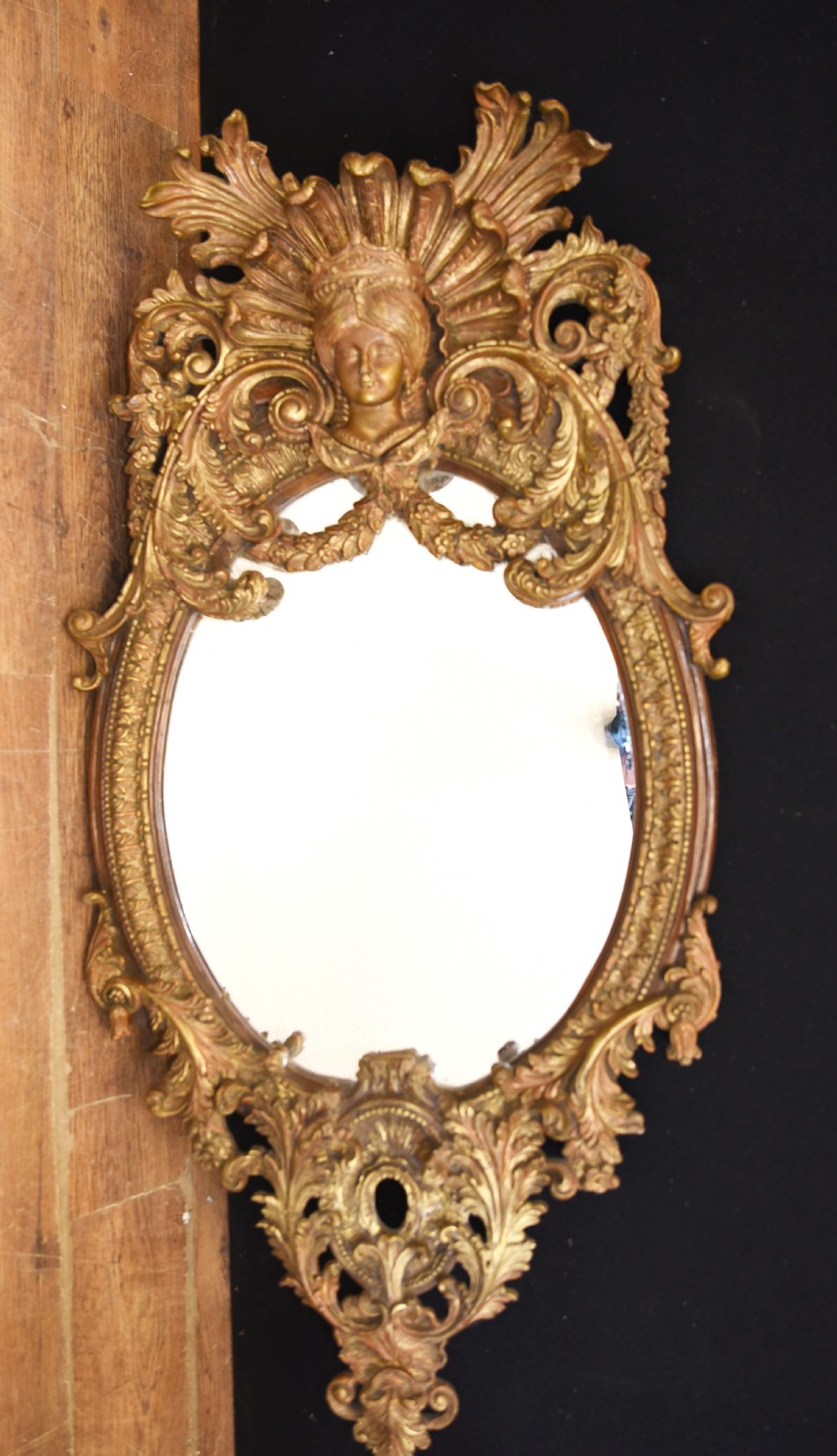French Rococo Mirror Oval Maidens Head Gilt Frame View II