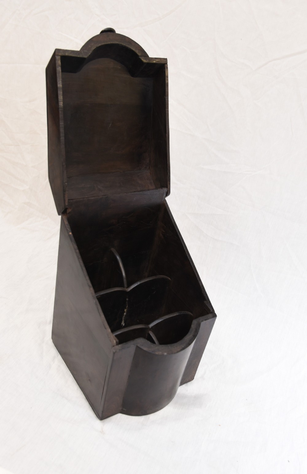 An antique dark brown coromandel wood cutlery box featuring a sloped lid with bone stringing inlay and a circular knob handle. View VI