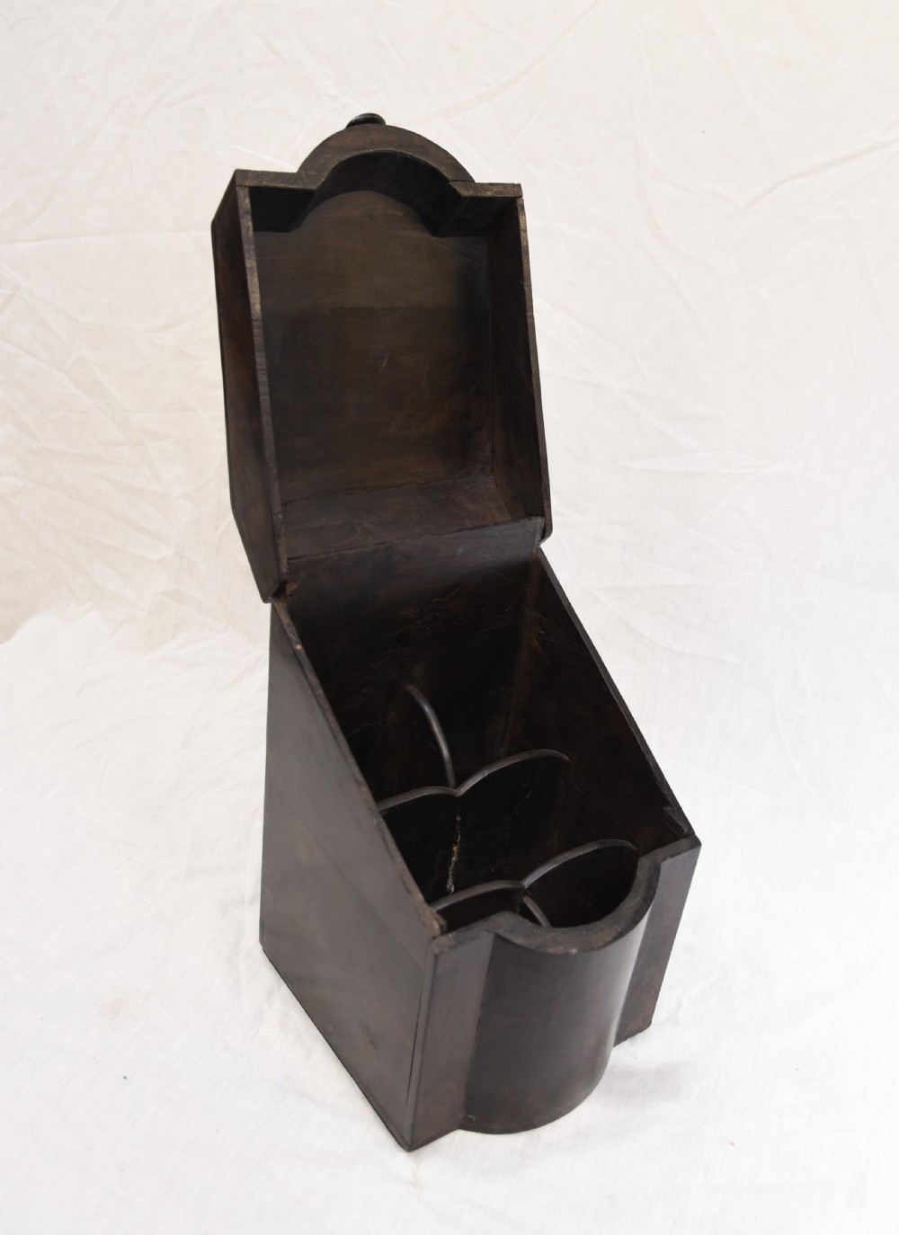 An antique dark brown coromandel wood cutlery box featuring a sloped lid with bone stringing inlay and a circular knob handle. View VII