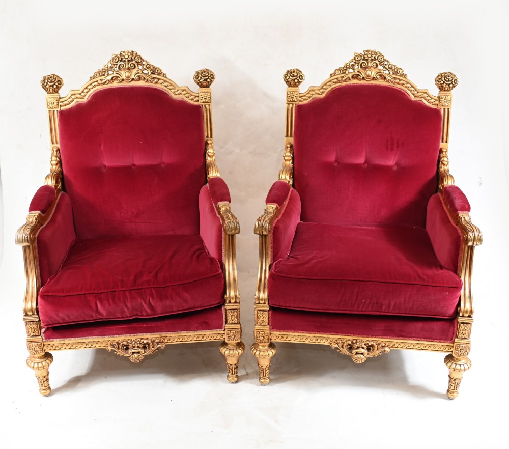 Pair Gilt French Arm Chairs Empire Fauteuils