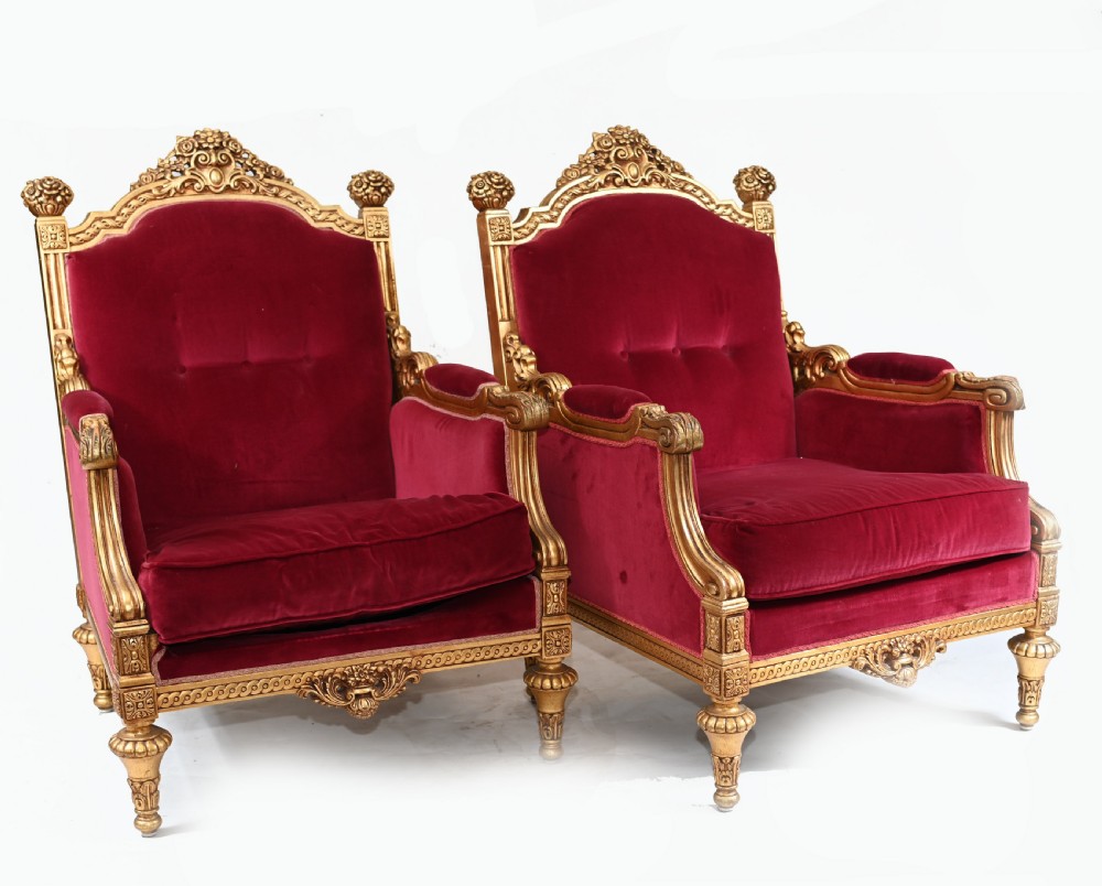 Pair Gilt French Arm Chairs Empire Fauteuils View VI
