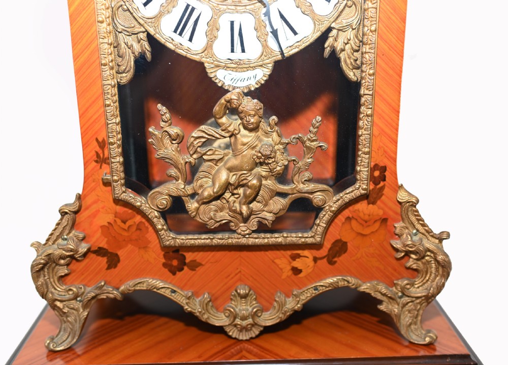 Tiffany Mantle Clock and Stand French Marquetry Inlay View II