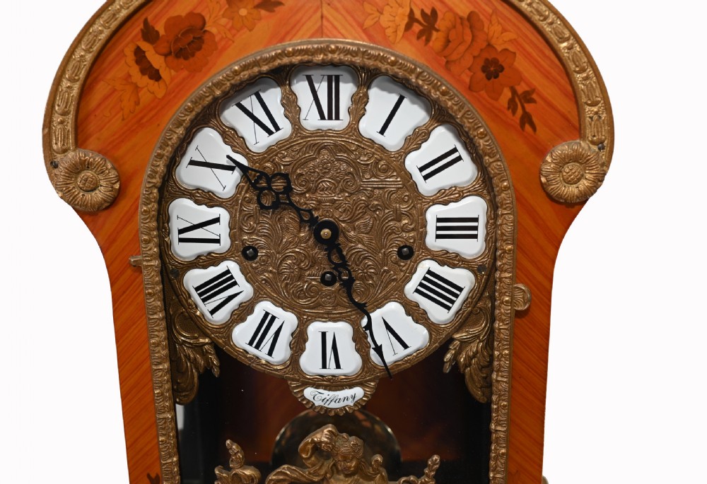 Tiffany Mantle Clock and Stand French Marquetry Inlay View III