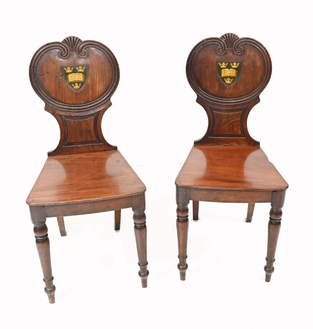 Pair Antique Hall Chairs Mahogany Stately Home Crest