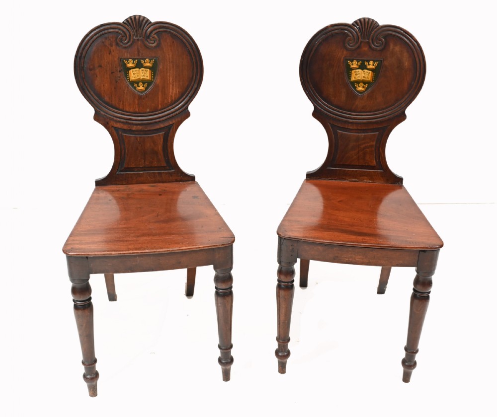 Pair Antique Hall Chairs Mahogany Stately Home Crest View II