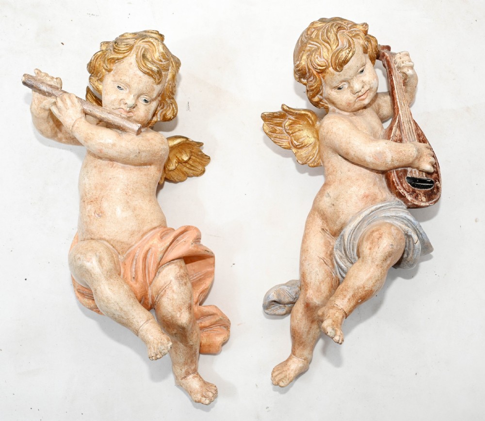 Pair Carved Italian Cherubs Painted Putti