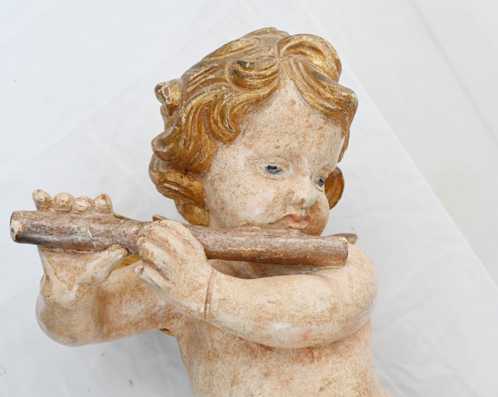 Pair Carved Italian Cherubs Painted Putti View III