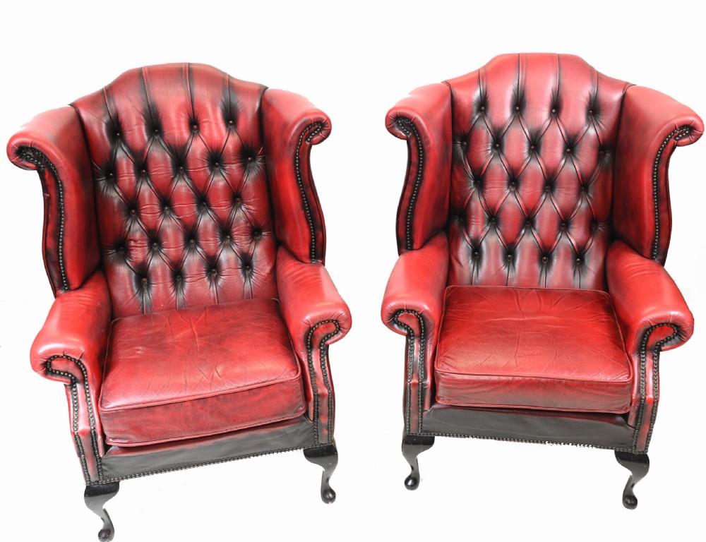 Pair Chesterfield Wingback Chairs Leather Armchair View II