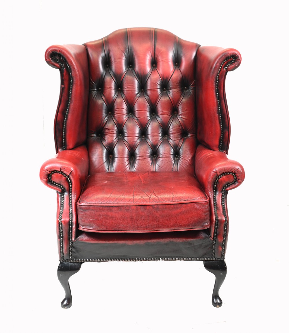 Pair Chesterfield Wingback Chairs Leather Armchair View III