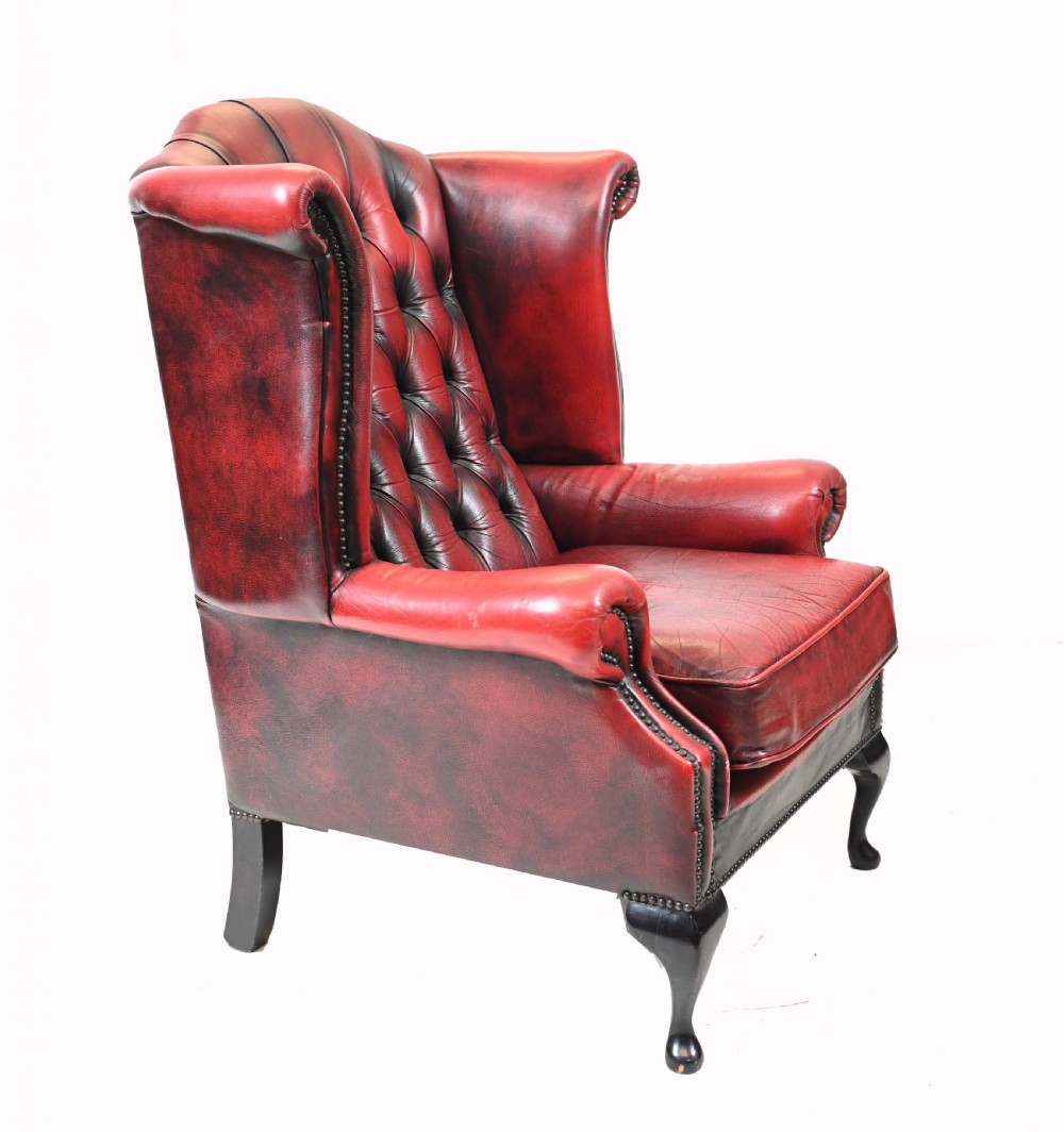 Pair Chesterfield Wingback Chairs Leather Armchair View V