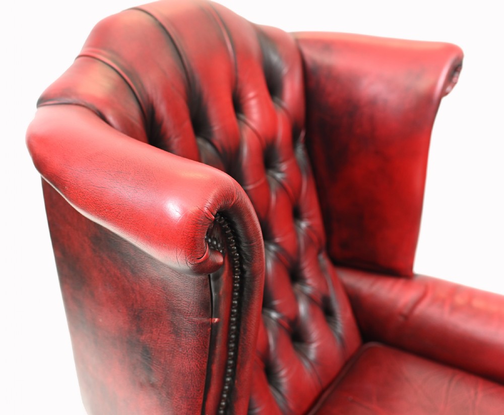 Pair Chesterfield Wingback Chairs Leather Armchair View VI
