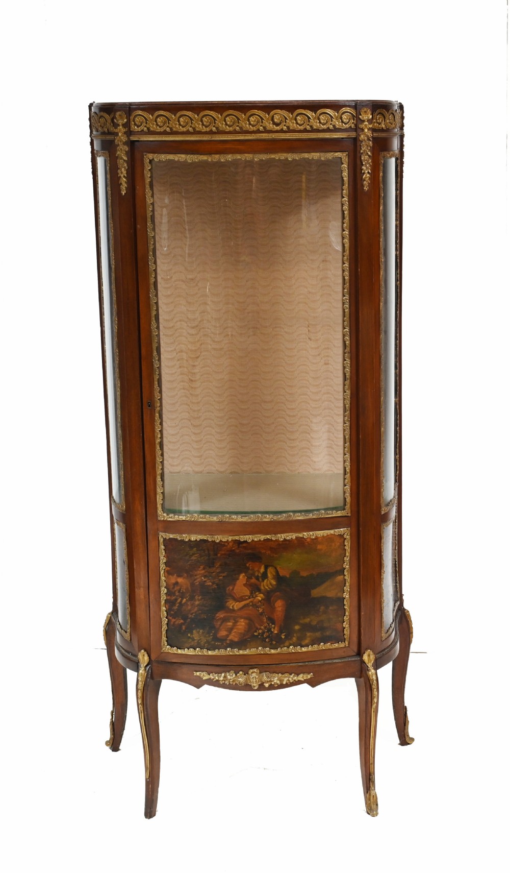 A French Vernis Martin style mahogany display cabinet featuring curved glass panels, gilt-bronze mounts, and a hand-painted pastoral scene on the lower door.