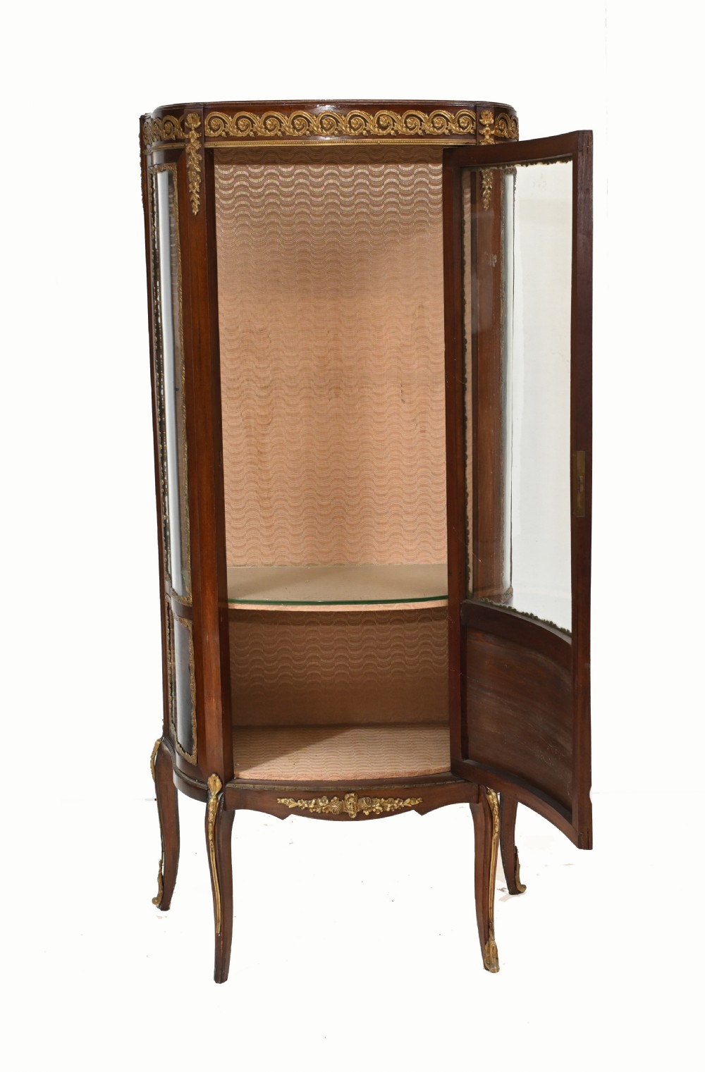A French Vernis Martin style mahogany display cabinet featuring curved glass panels, gilt-bronze mounts, and a hand-painted pastoral scene on the lower door. View V