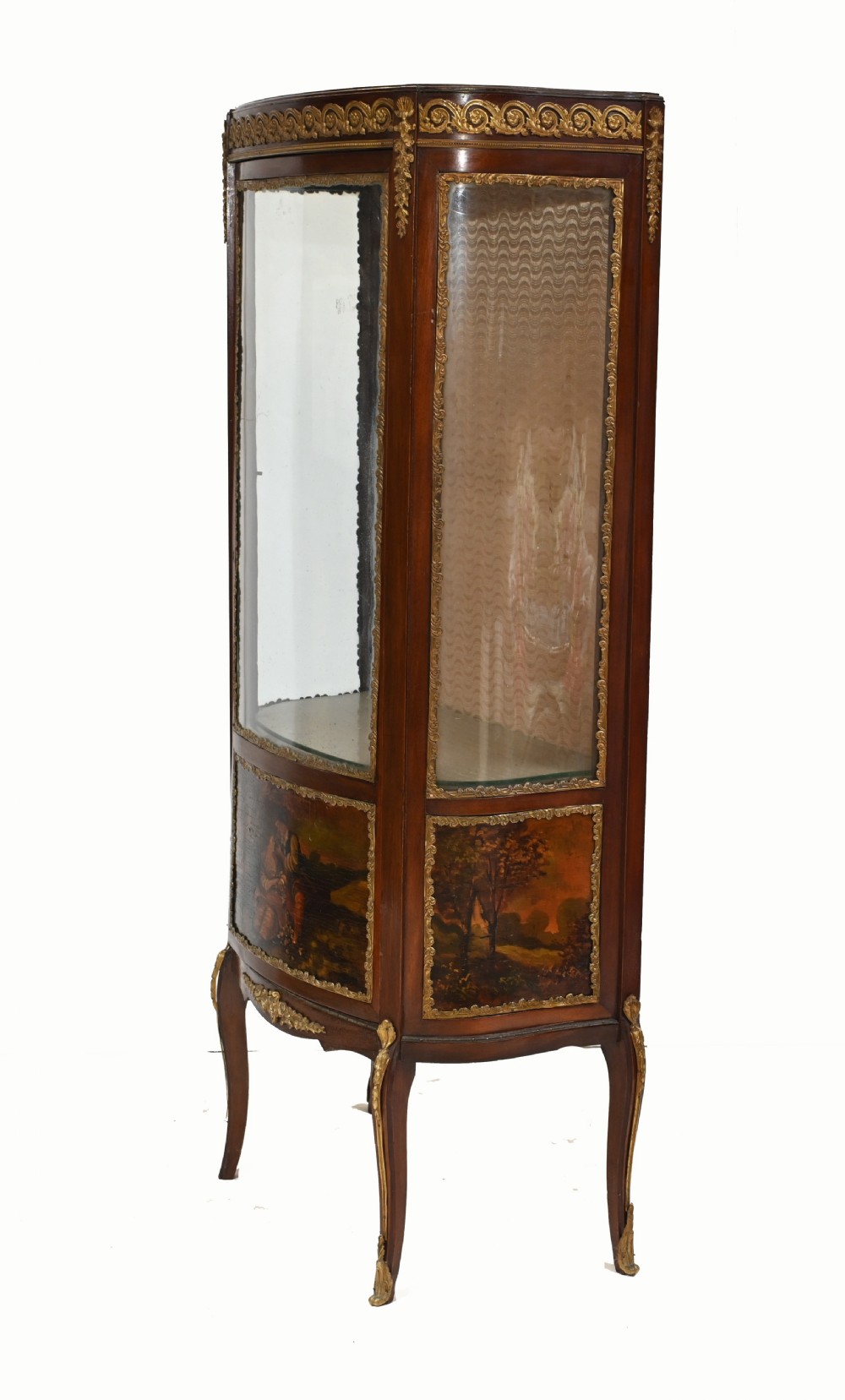 A French Vernis Martin style mahogany display cabinet featuring curved glass panels, gilt-bronze mounts, and a hand-painted pastoral scene on the lower door. View VI